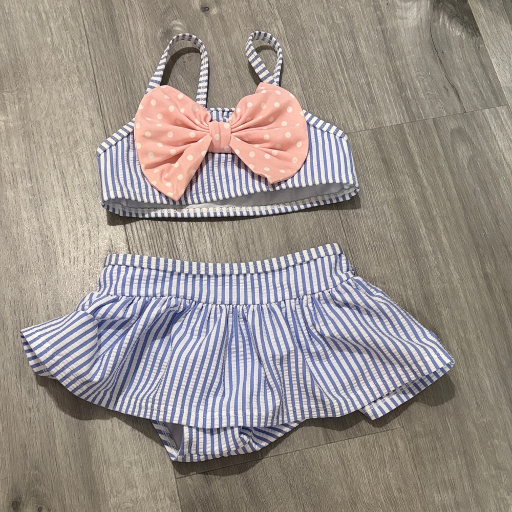 NWOT Ruffle Butts Striped Blue and white seersucker Bikini Set